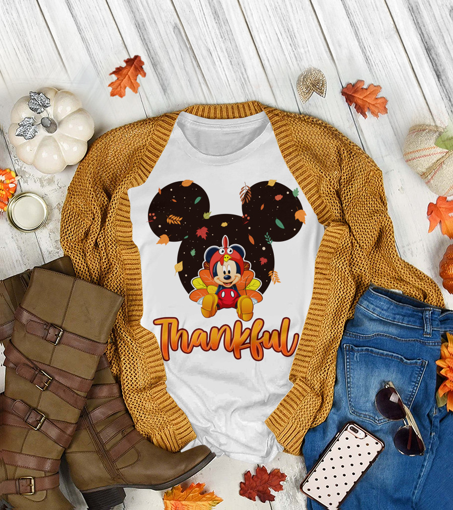 Thankful Mickey Mouse Thanksgiving Leaves T-Shirt