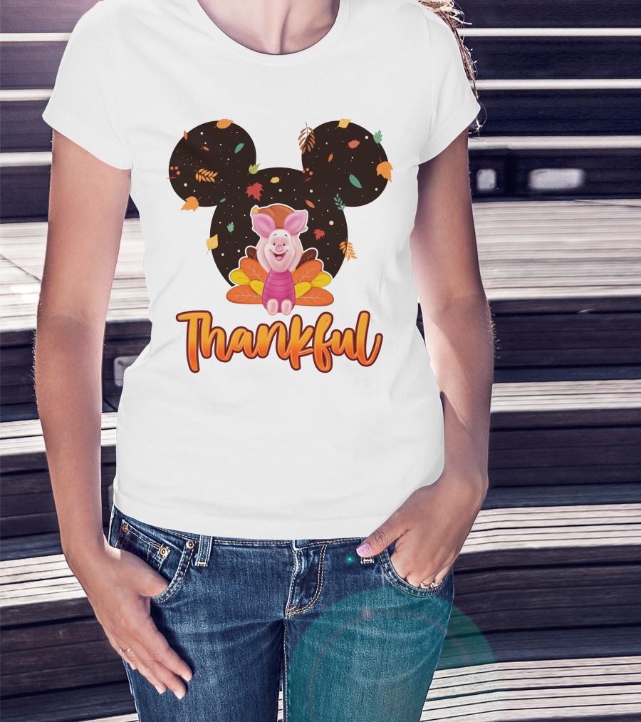 Thankful Piglet With Mickey Ears And Autumn Leaves T-Shirt