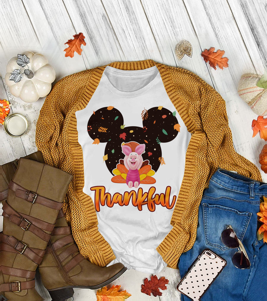 Thankful Piglet With Mickey Ears And Autumn Leaves T-Shirt