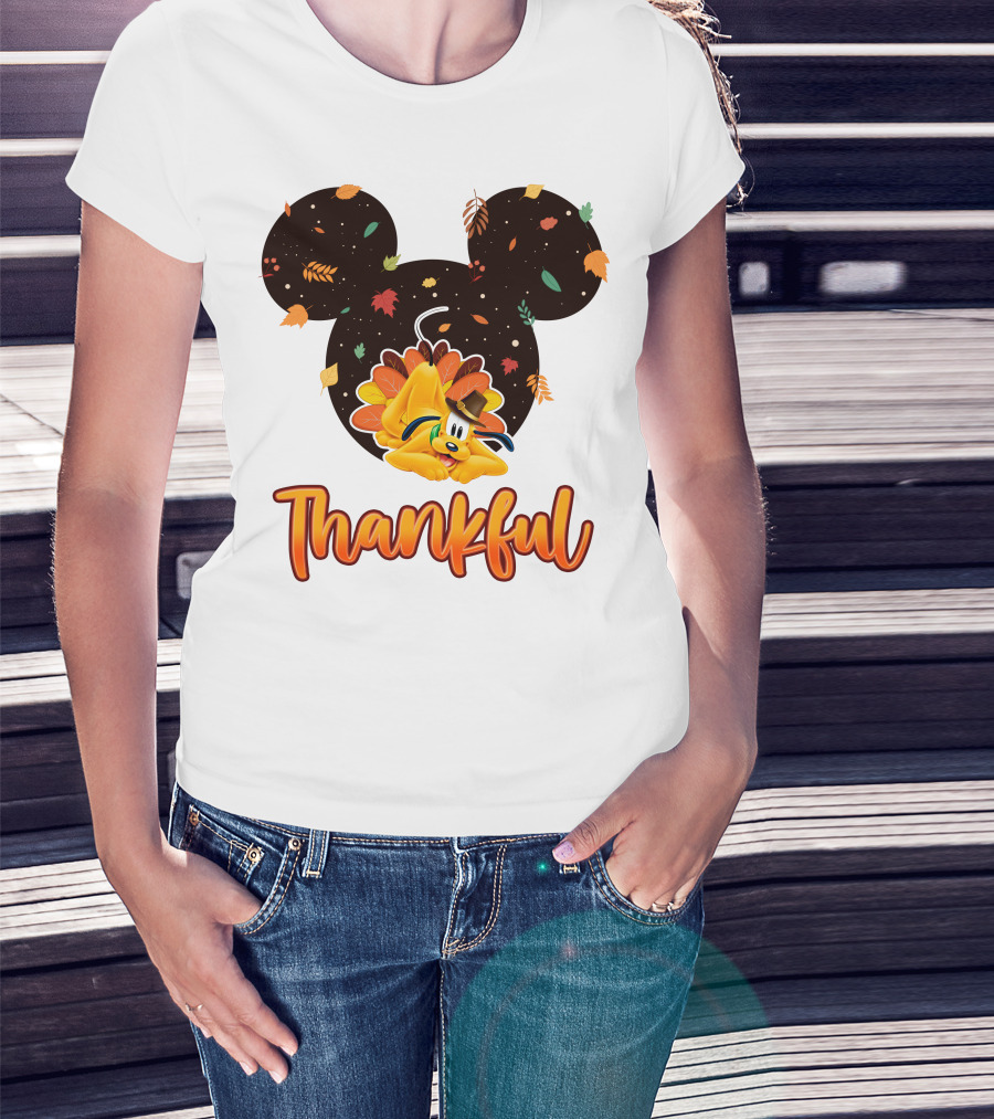Thankful Pluto In Autumn Leaves Mickey Ears T-Shirt