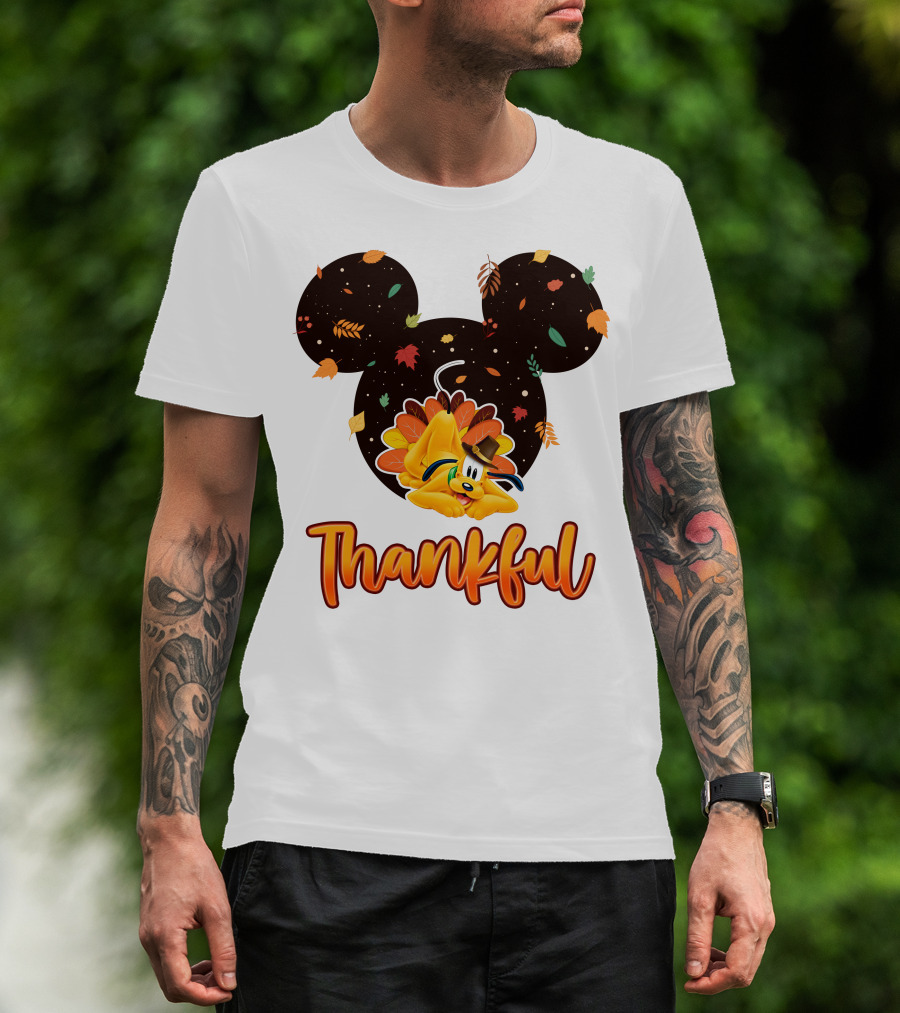 Thankful Pluto In Autumn Leaves Mickey Ears T-Shirt