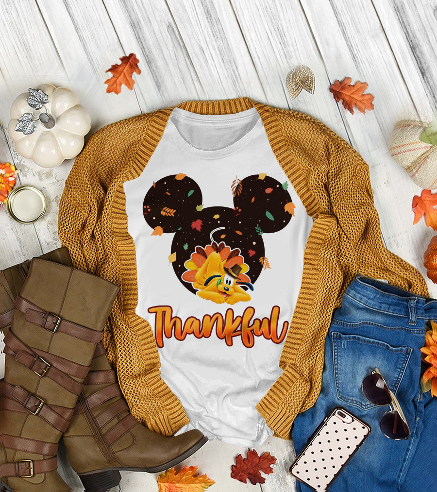 Thankful Pluto In Autumn Leaves Mickey Ears T-Shirt