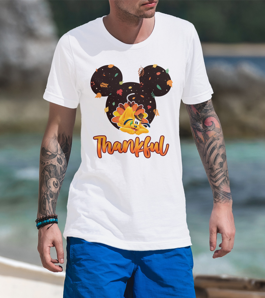 Thankful Pluto In Autumn Leaves Mickey Ears T-Shirt