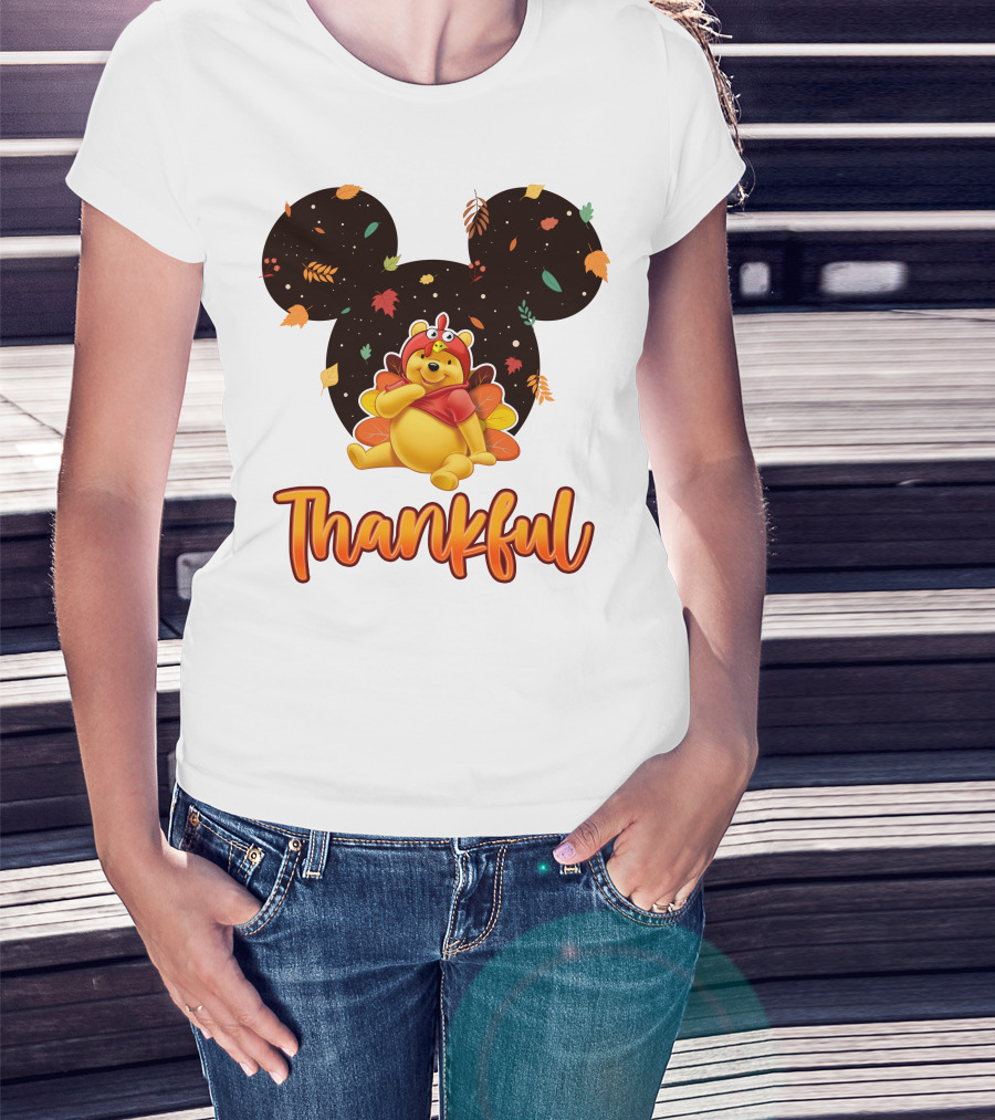 Thankful Pooh Turkey Costume Mickey Ears Leaves T-Shirt