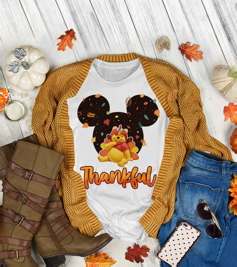 Thankful Pooh Turkey Costume Mickey Ears Leaves T-Shirt