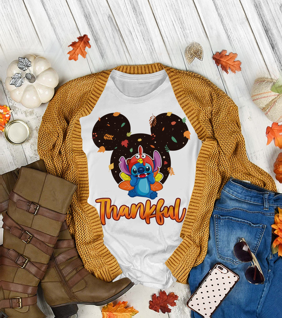 Thankful Stitch Thanksgiving Mickey Ears Autumn Leaves T-Shirt