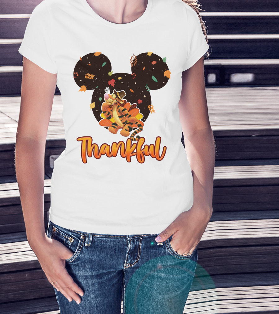 Thankful Tigger With Autumn Leaves And Mickey Ears T-Shirt