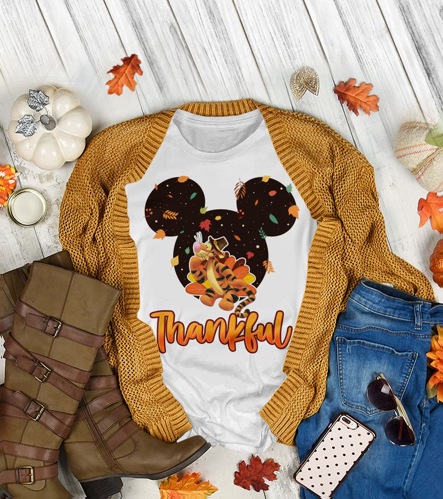 Thankful Tigger With Autumn Leaves And Mickey Ears T-Shirt