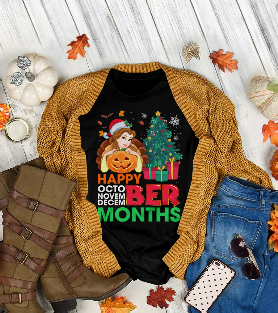 Happy Octo Novem Decem Ber Months Belle Christmas Tree Jack-O'-Lantern T-Shirt