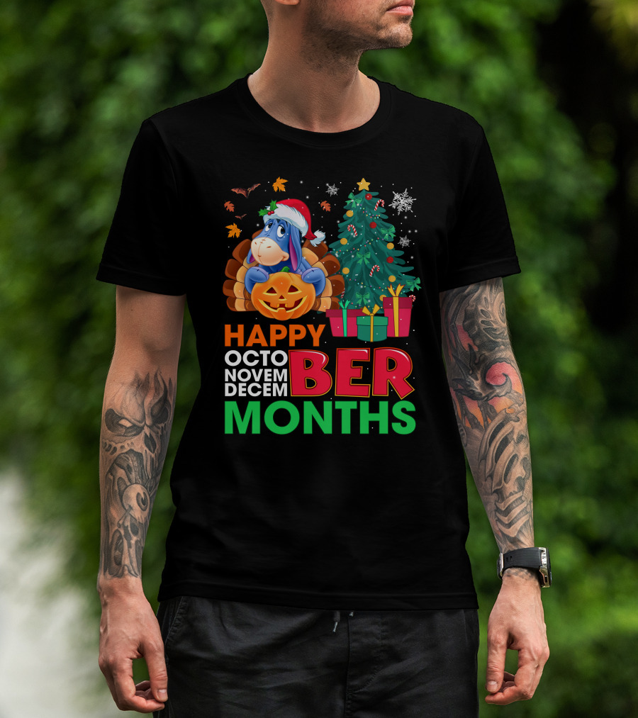 Happy Octo Novem Decem Ber Months Eeyore Pumpkin Christmas Tree Gifts Santa Hat T-Shirt