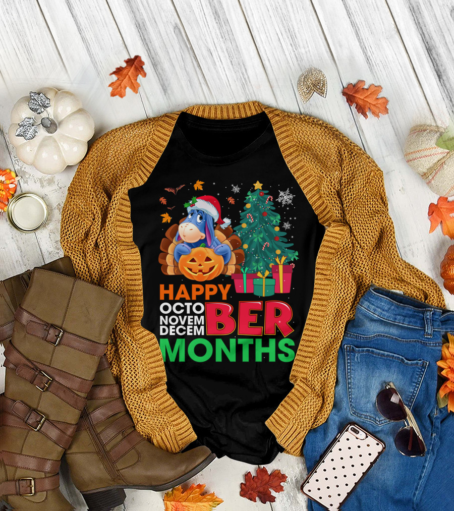 Happy Octo Novem Decem Ber Months Eeyore Pumpkin Christmas Tree Gifts Santa Hat T-Shirt