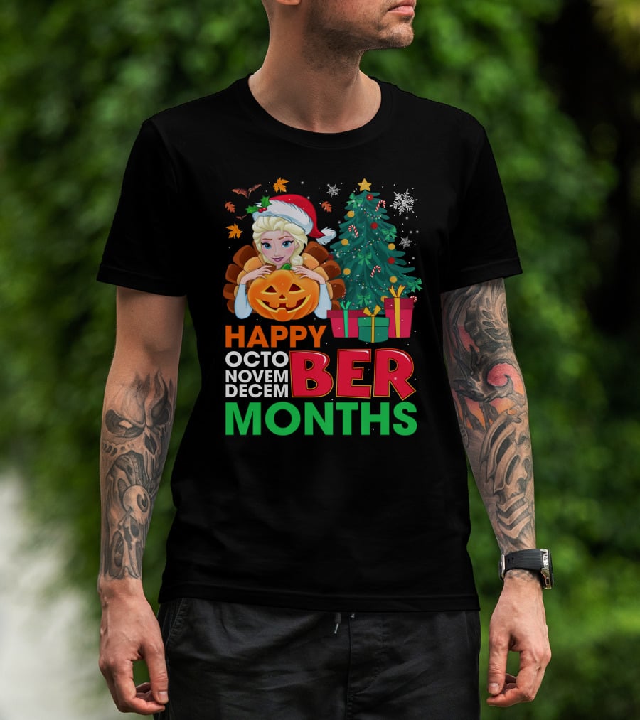 Happy Octo Novem Decem Ber Months Elsa Santa Hat Pumpkin Christmas Tree Presents T-Shirt