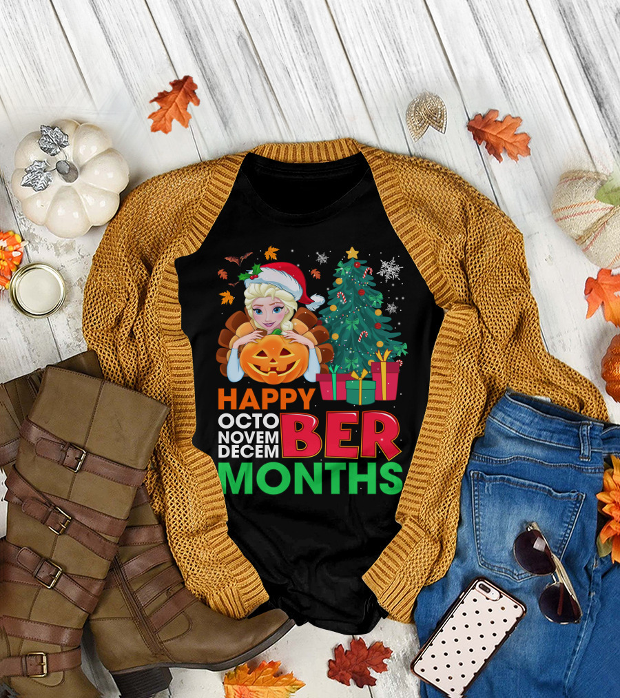 Happy Octo Novem Decem Ber Months Elsa Santa Hat Pumpkin Christmas Tree Presents T-Shirt