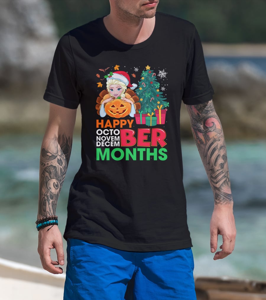 Happy Octo Novem Decem Ber Months Elsa Santa Hat Pumpkin Christmas Tree Presents T-Shirt