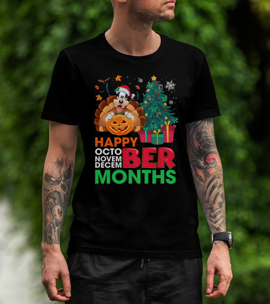 Happy Octo Novem Decem Ber Months Goofy Pumpkin Christmas Tree T-Shirt