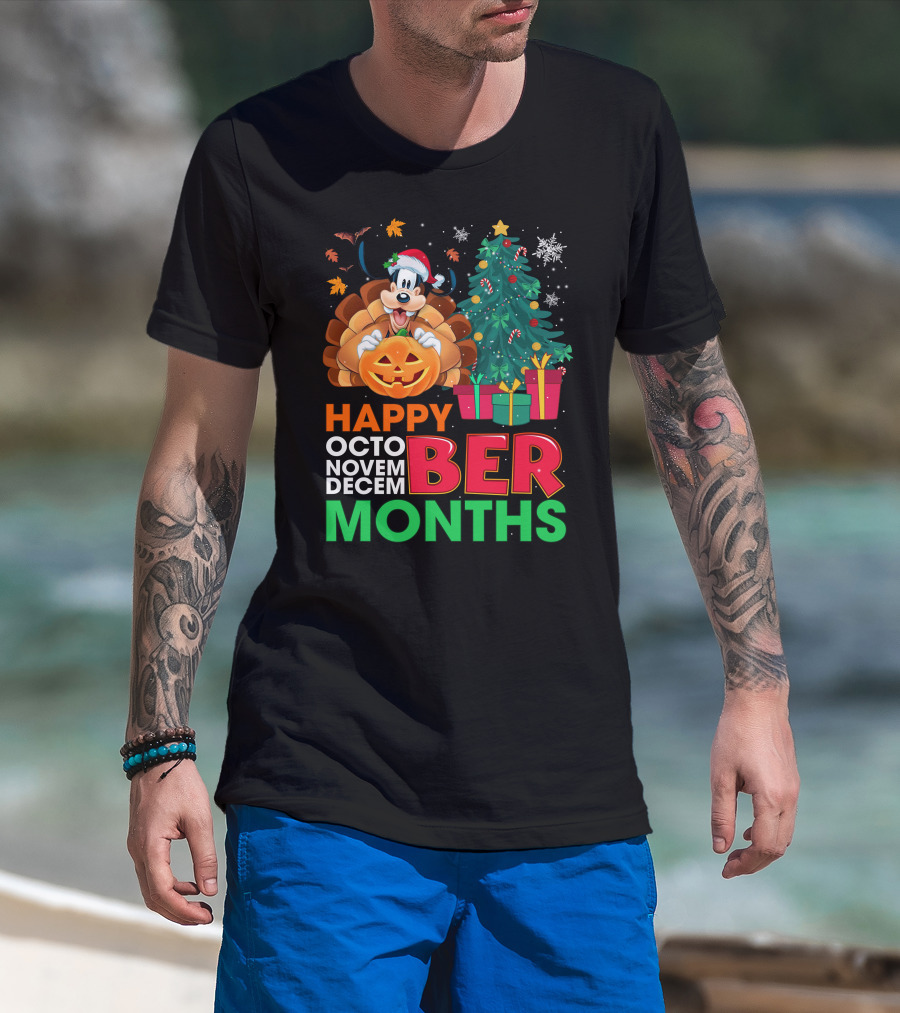 Happy Octo Novem Decem Ber Months Goofy Pumpkin Christmas Tree T-Shirt