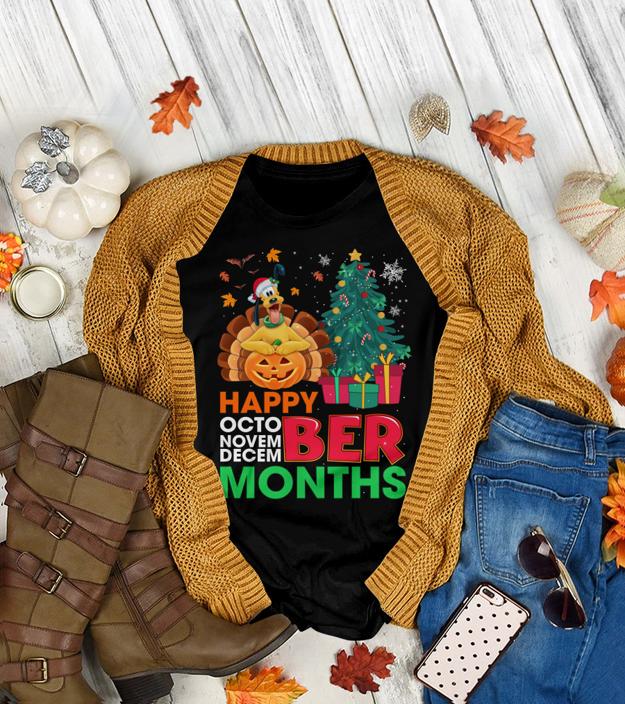 Happy Octo Novem Decem Ber Months Pluto Turkey Pumpkin Christmas Tree Presents T-Shirt