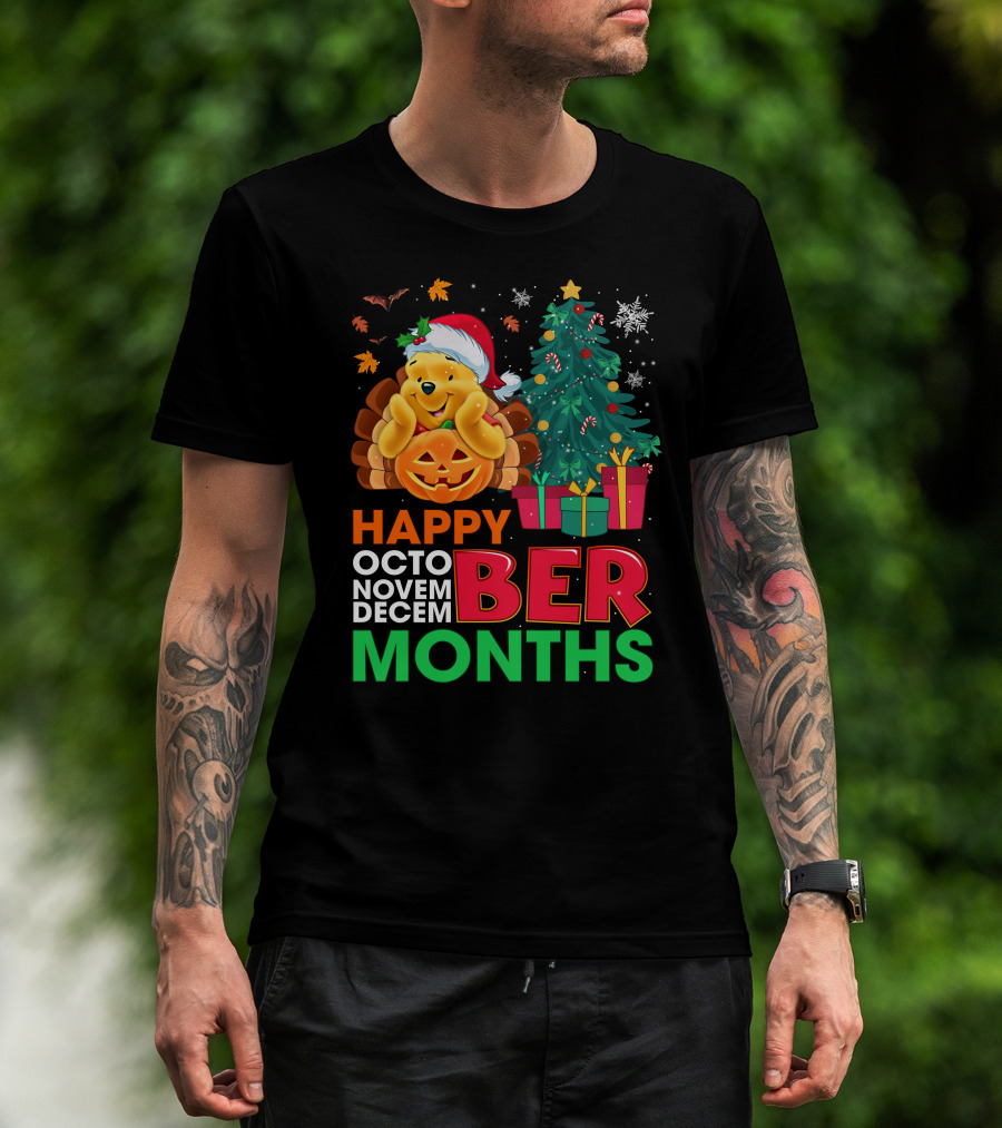 Happy Octo Novem Decem Ber Months Pooh Santa Hat Pumpkin Christmas Tree Gifts Snowflakes T-Shirt