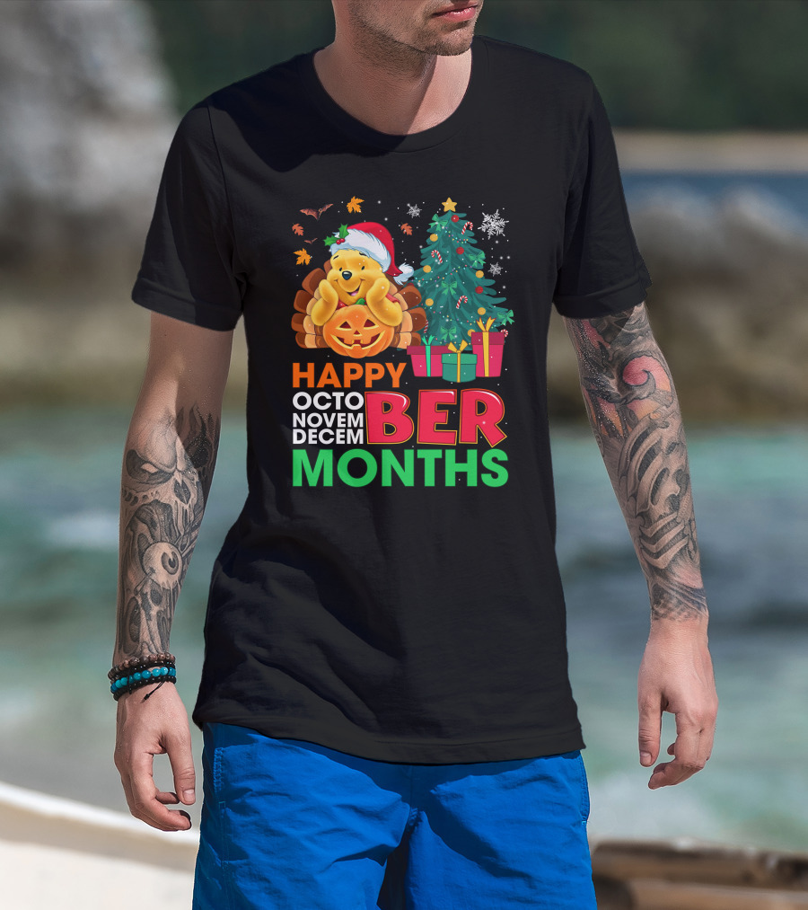 Happy Octo Novem Decem Ber Months Pooh Santa Hat Pumpkin Christmas Tree Gifts Snowflakes T-Shirt
