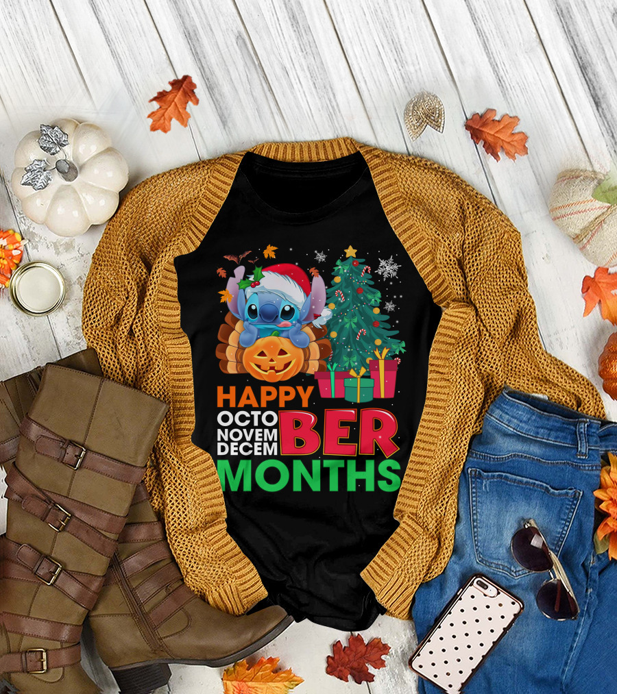 Happy Octo Novem Decem Ber Months Stitch Santa Hat Turkey Pumpkin Christmas Tree Presents T-Shirt