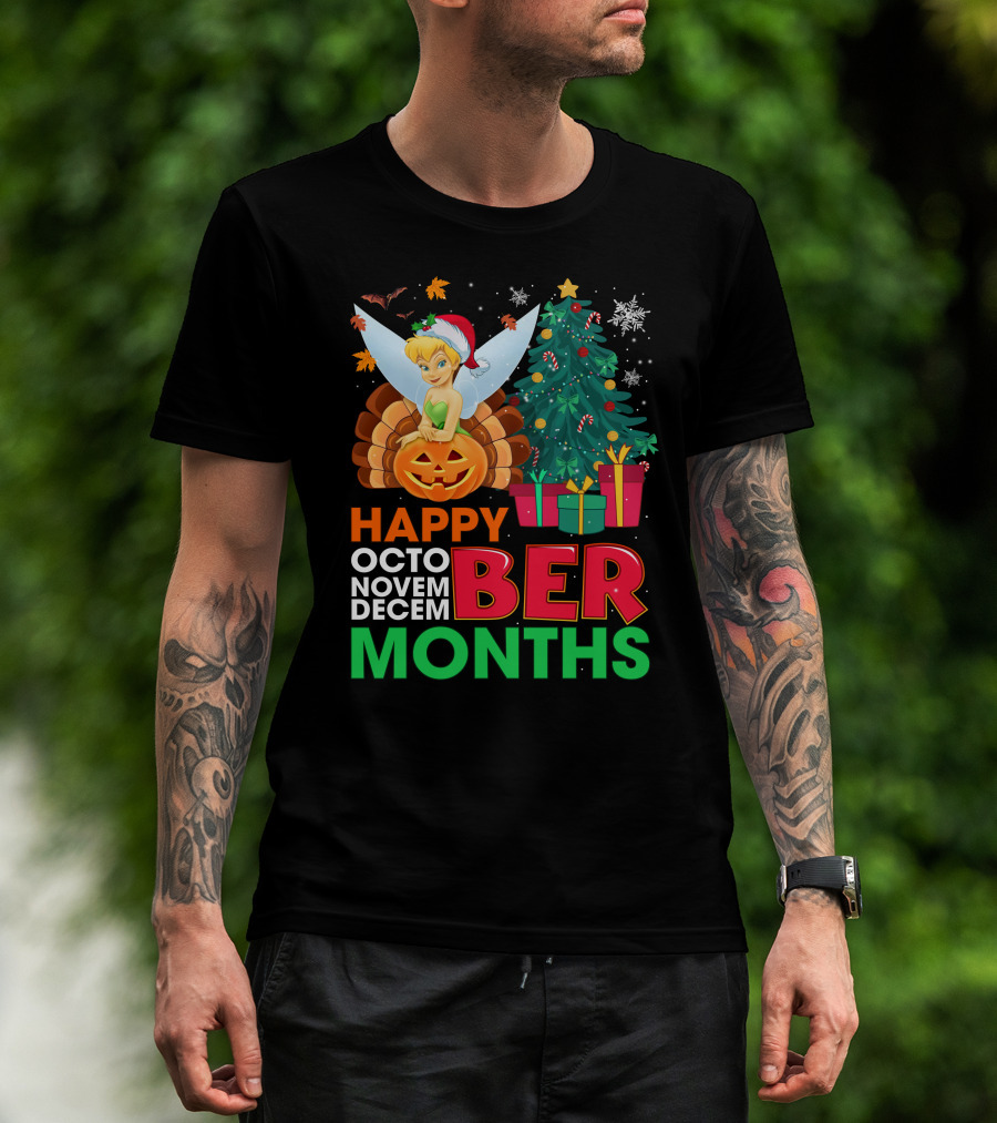 Happy Octo Novem Decem Ber Months Tinker Bell Christmas Tree Thanksgiving Pumpkin Santa Hat T-Shirt
