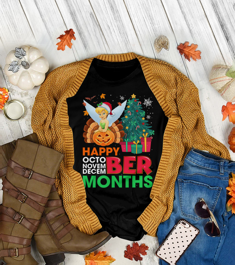 Happy Octo Novem Decem Ber Months Tinker Bell Christmas Tree Thanksgiving Pumpkin Santa Hat T-Shirt