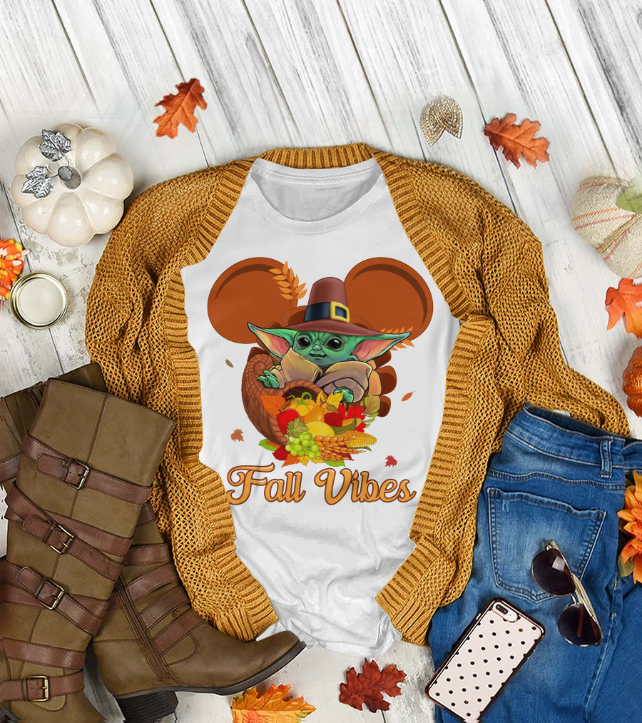 Fall Vibes Baby Yoda Mickey Ears Cornucopia T-Shirt