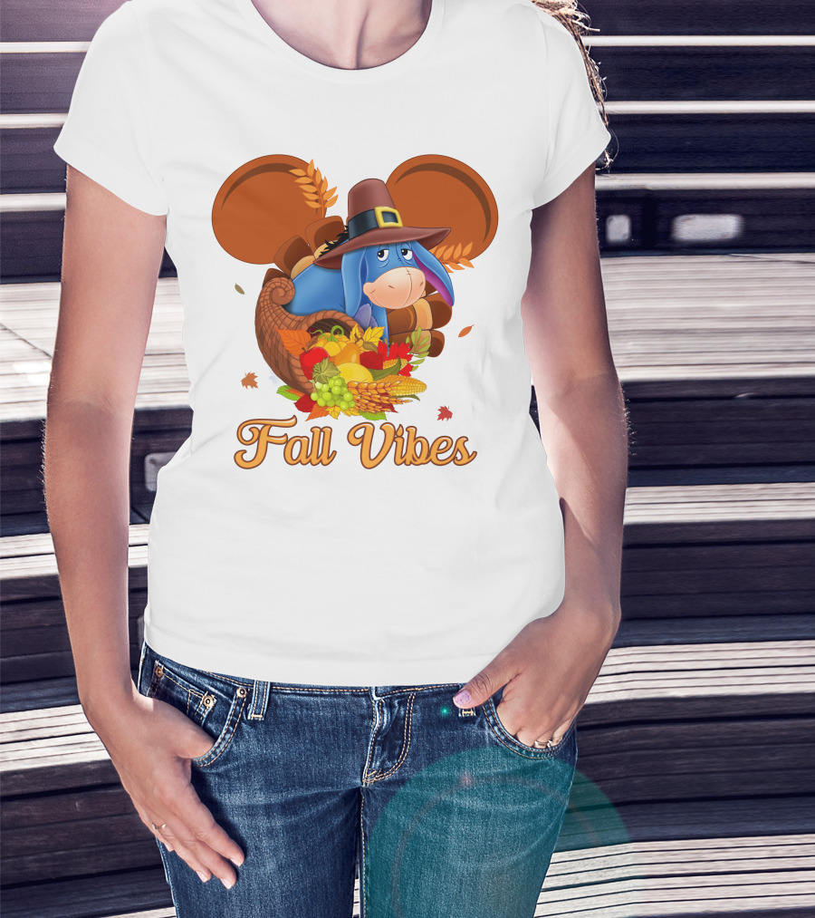 Eeyore Fall Vibes Cornucopia With Pilgrim Hat And Autumn Leaves T-Shirt