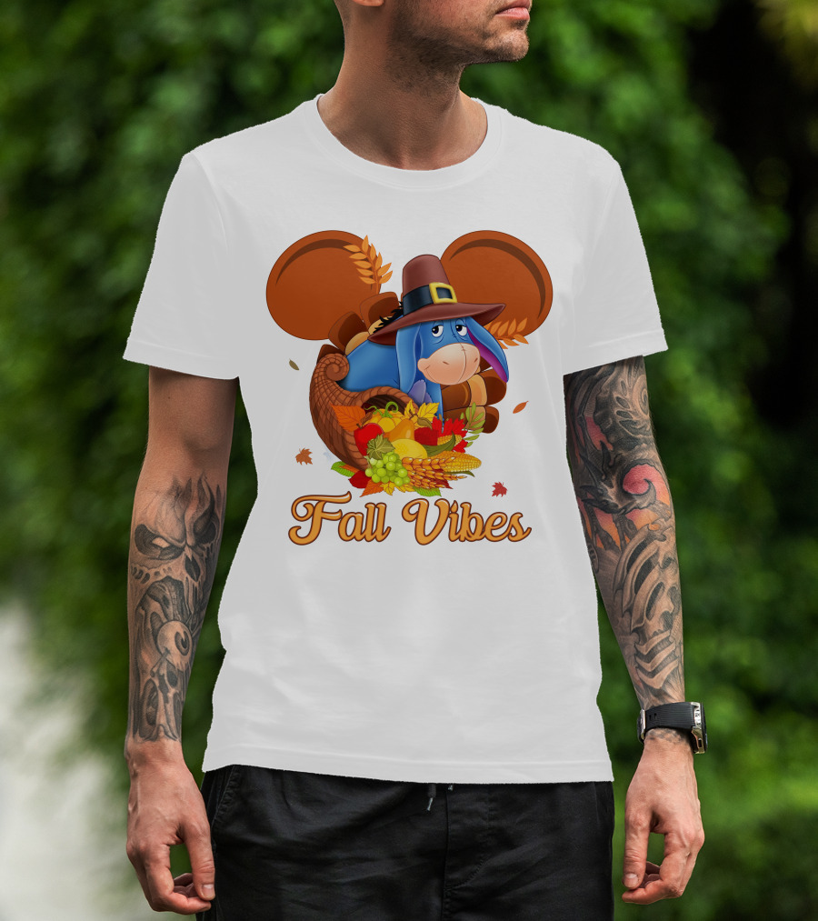 Eeyore Fall Vibes Cornucopia With Pilgrim Hat And Autumn Leaves T-Shirt