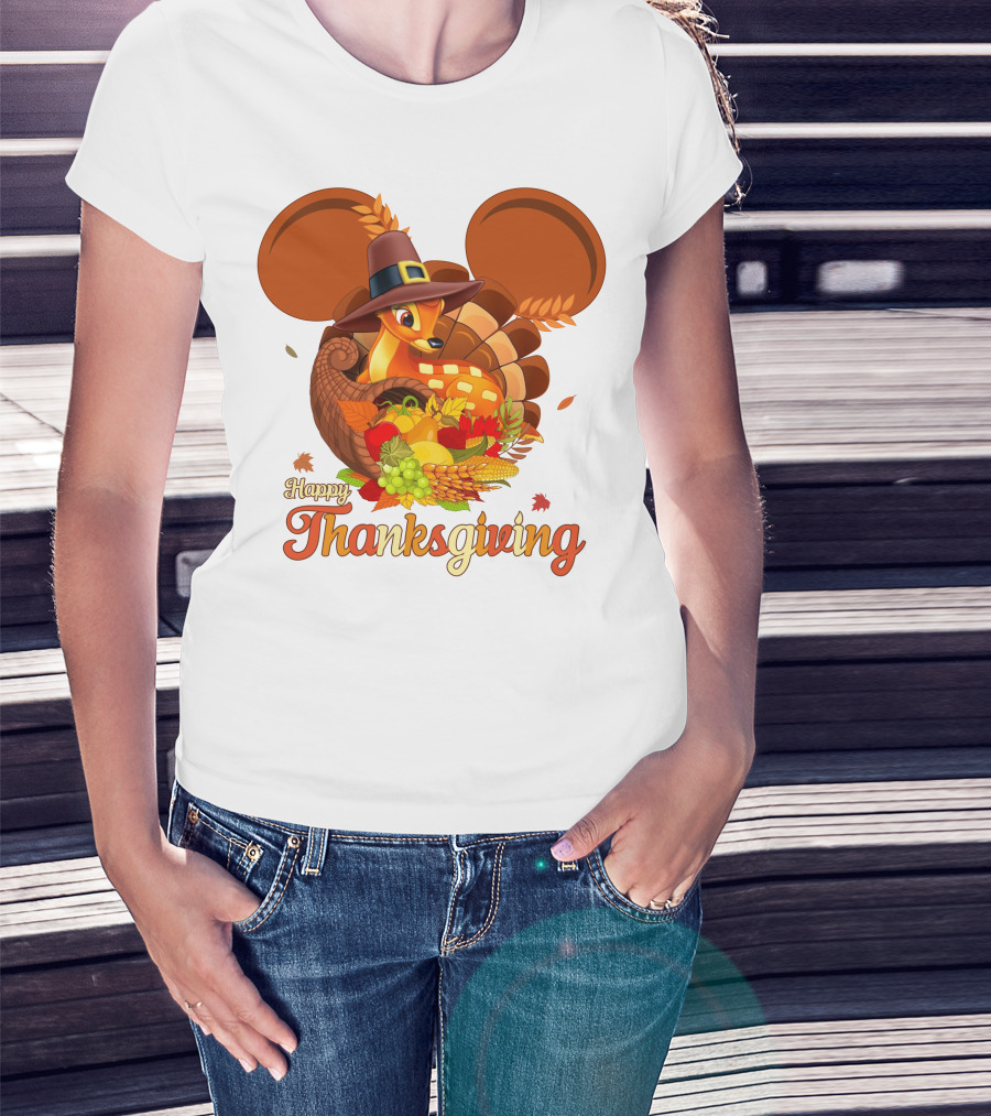 Happy Thanksgiving Bambi In Pilgrim Hat With Cornucopia And Mickey Ears T-Shirt