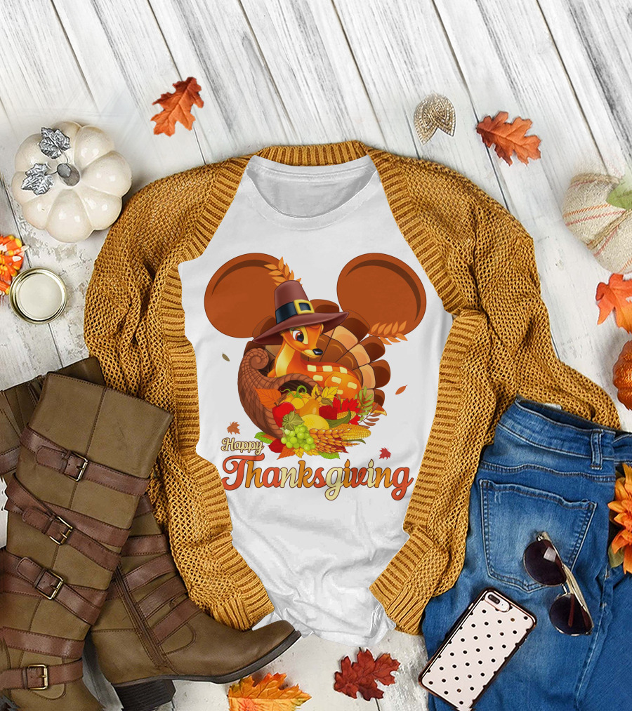 Happy Thanksgiving Bambi In Pilgrim Hat With Cornucopia And Mickey Ears T-Shirt