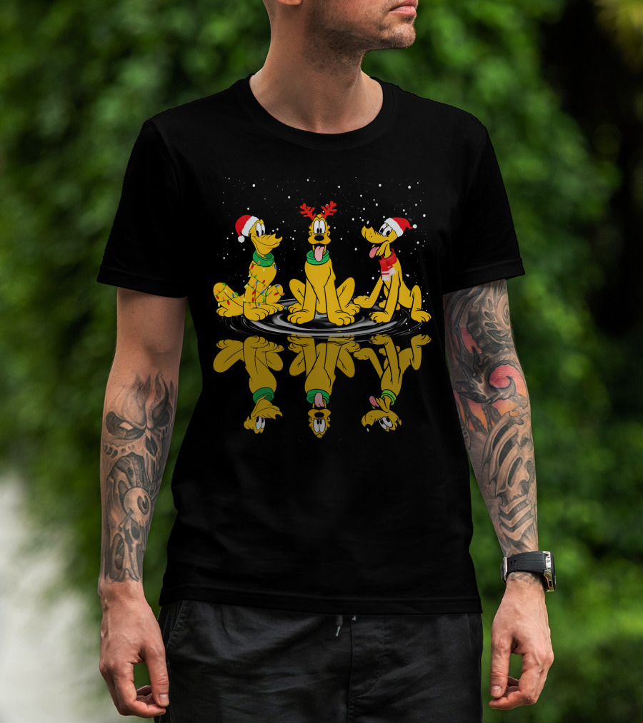 Pluto Christmas Reflections With Santa Hats And Antlers T-Shirt