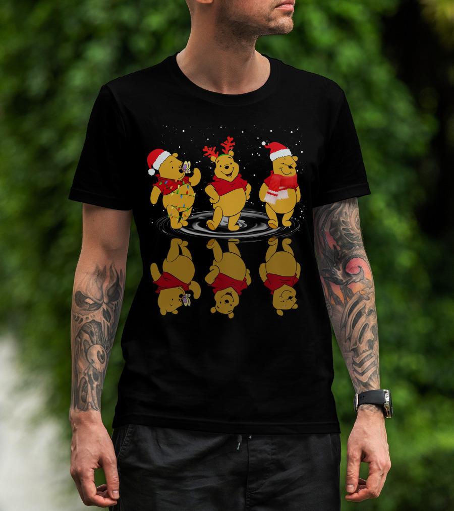Winnie The Pooh Christmas Reflections In Holiday Hats And Scarves With Snowflakes T-Shirt