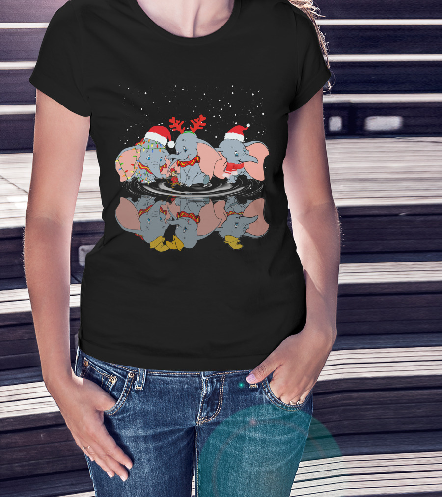 Dumbo Christmas Reflection With Santa Hat Reindeer Antlers And Holiday Lights T-Shirt