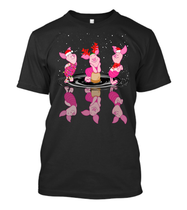 Piglet Christmas Festive Reflections With Santa Hats And Reindeer Antlers T-Shirt