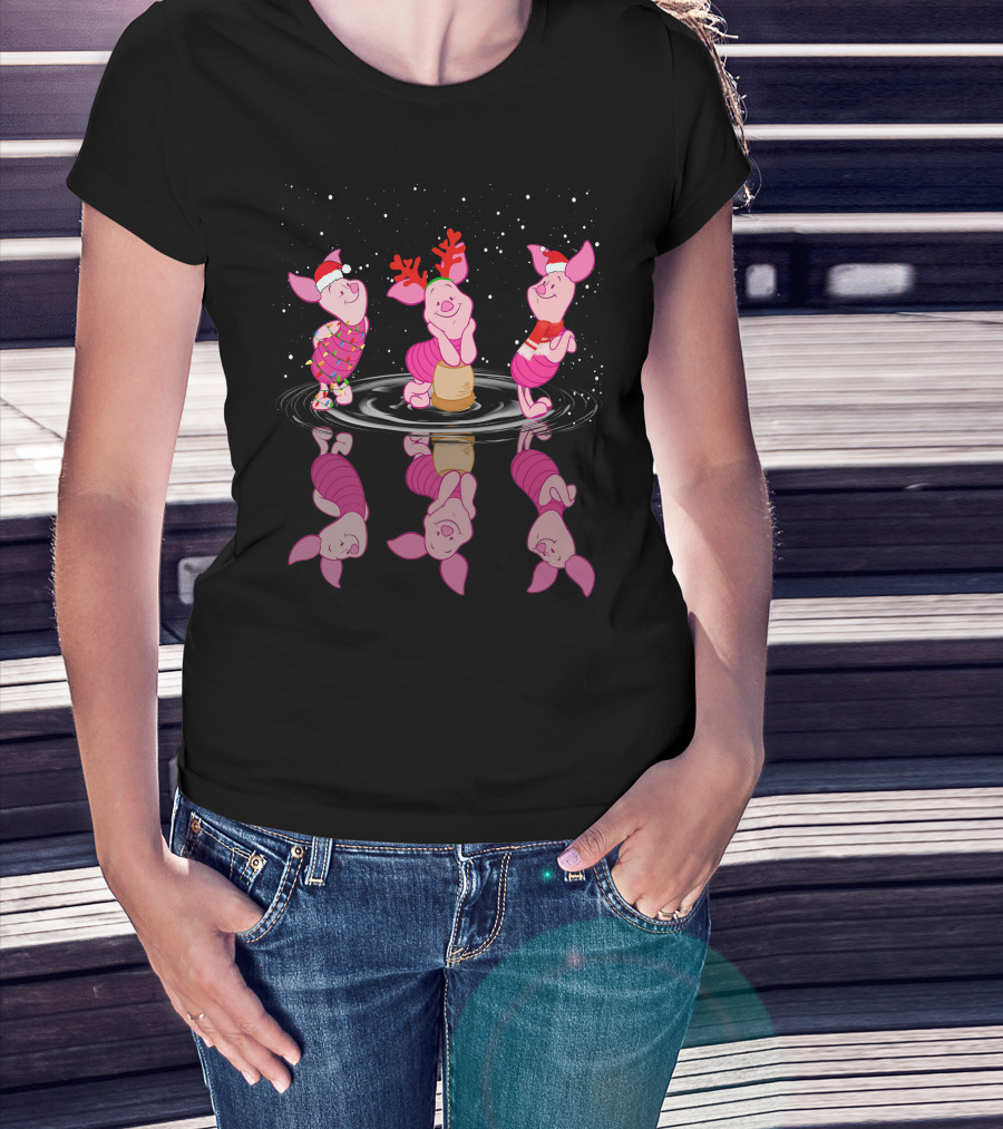 Piglet Christmas Festive Reflections With Santa Hats And Reindeer Antlers T-Shirt
