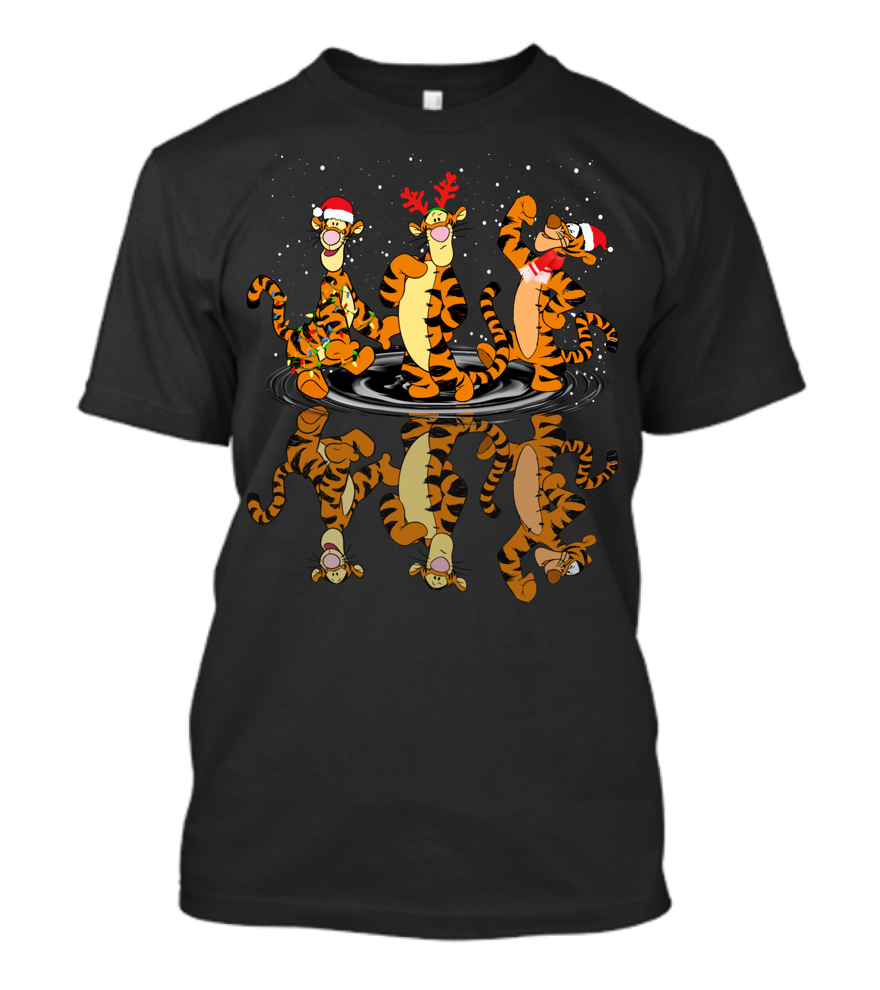 Tigger Christmas Santa And Reindeer Antlers Reflection T-Shirt
