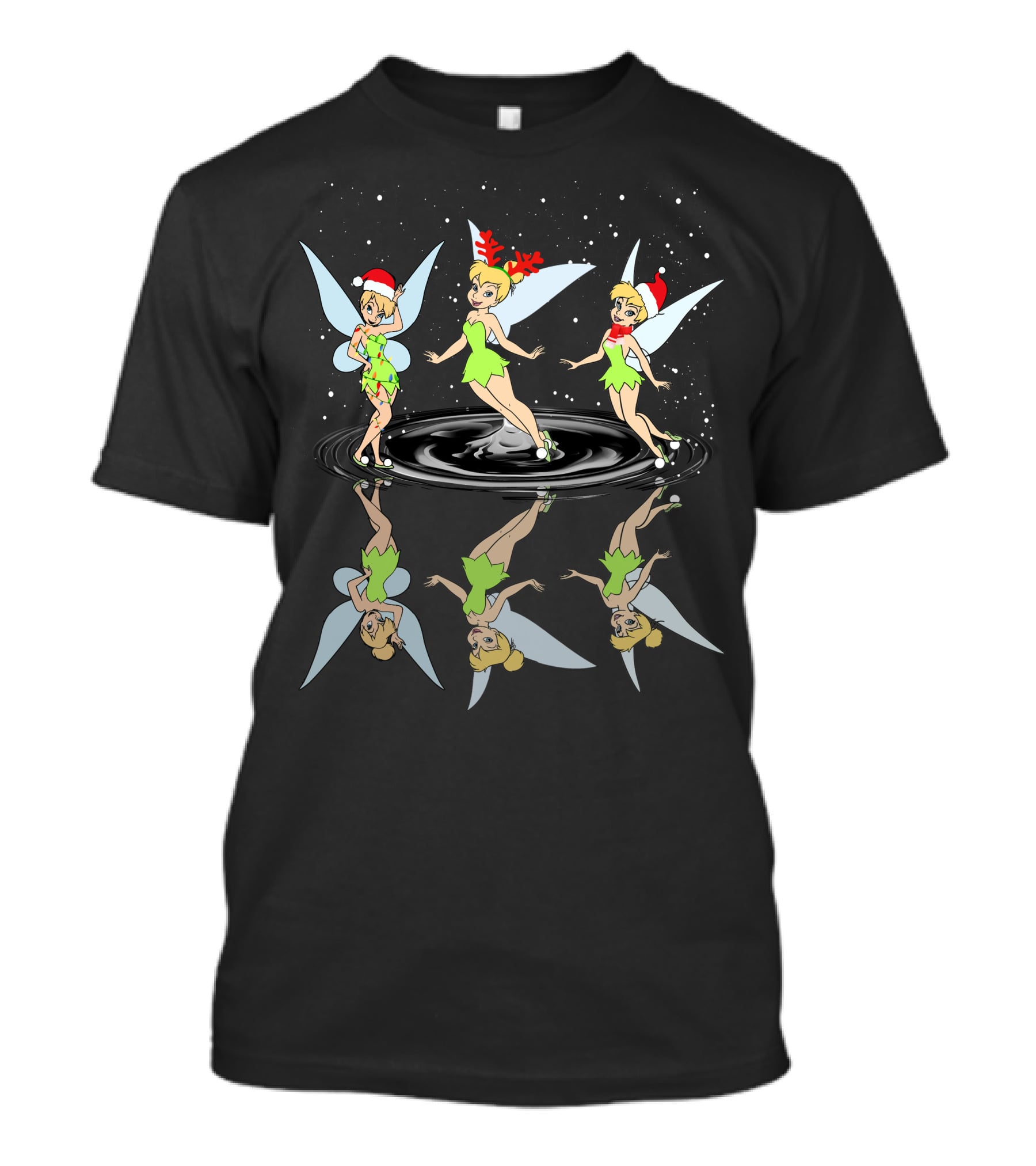 Tinkerbell Christmas Reflections Santa Hat And Antlers Holiday Theme T-Shirt