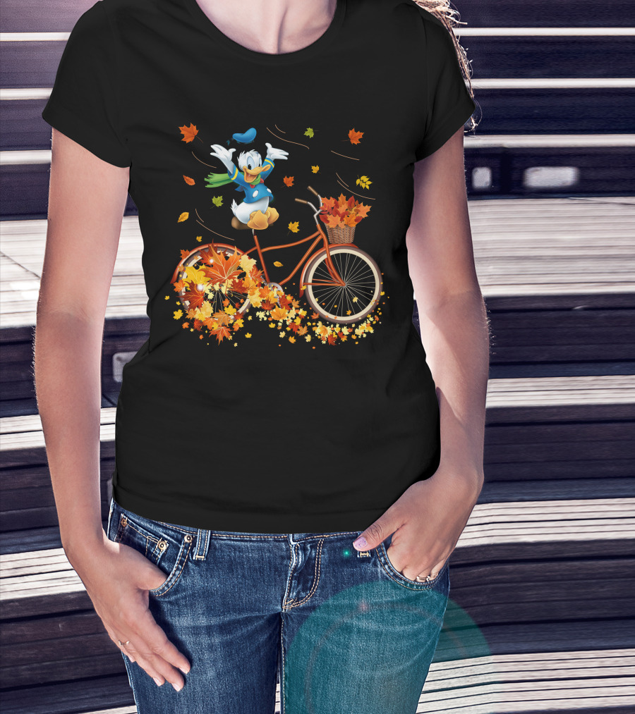 Donald Duck Autumn Bicycle Adventure With Falling Leaves T-Shirt