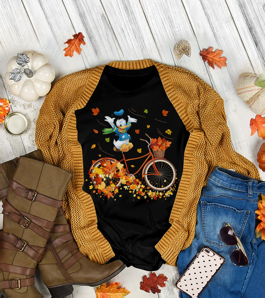 Donald Duck Autumn Bicycle Adventure With Falling Leaves T-Shirt