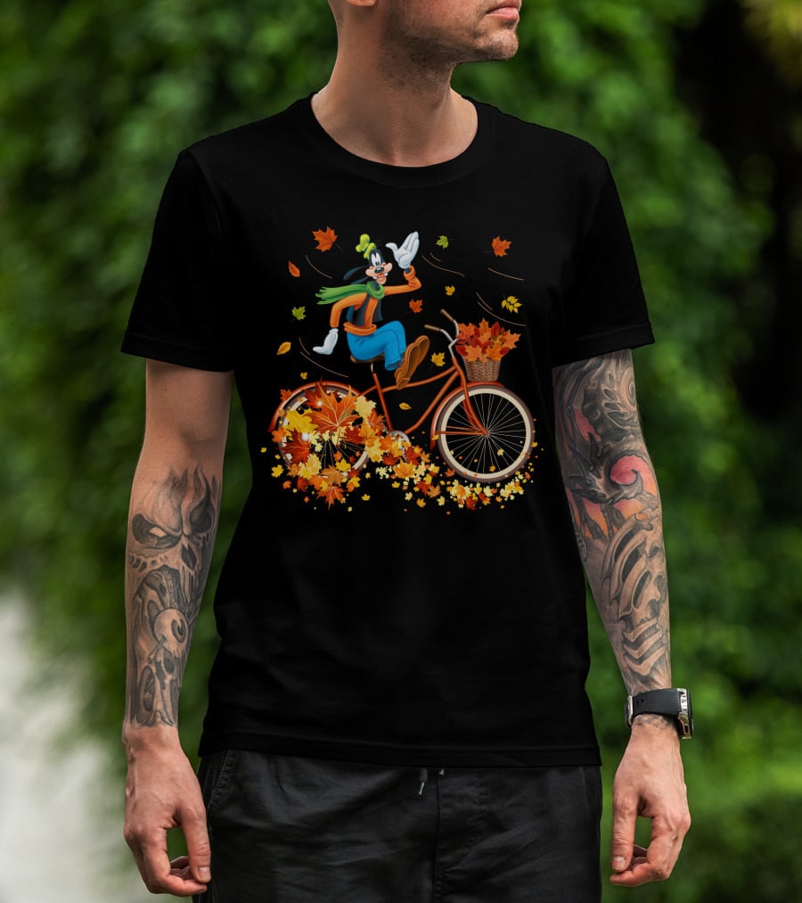 Goofy Autumn Bicycle Ride With Falling Leaves T-Shirt