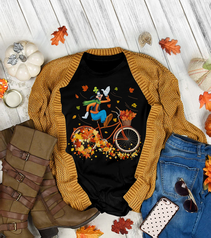 Goofy Autumn Bicycle Ride With Falling Leaves T-Shirt