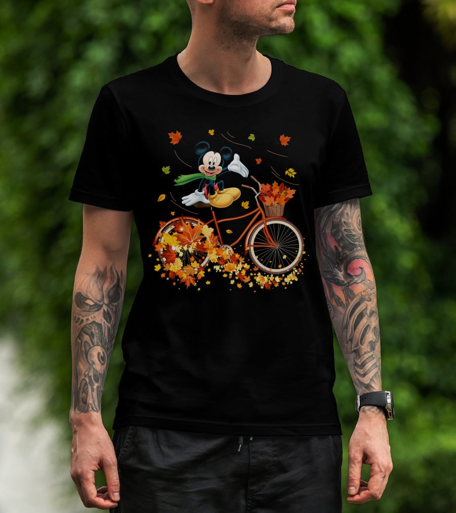 Mickey Mouse Autumn Leaves Bicycle Ride With Basket T-Shirt