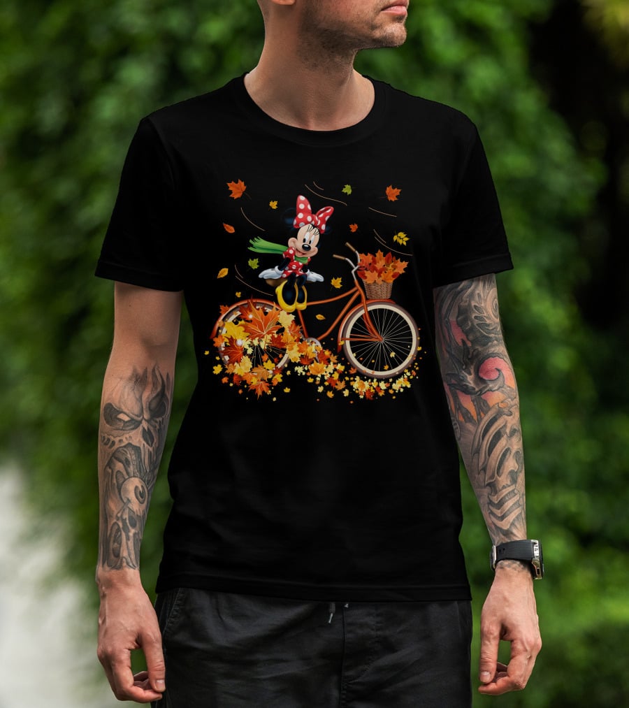 Minnie Mouse Autumn Bicycle Ride With Falling Leaves T-Shirt