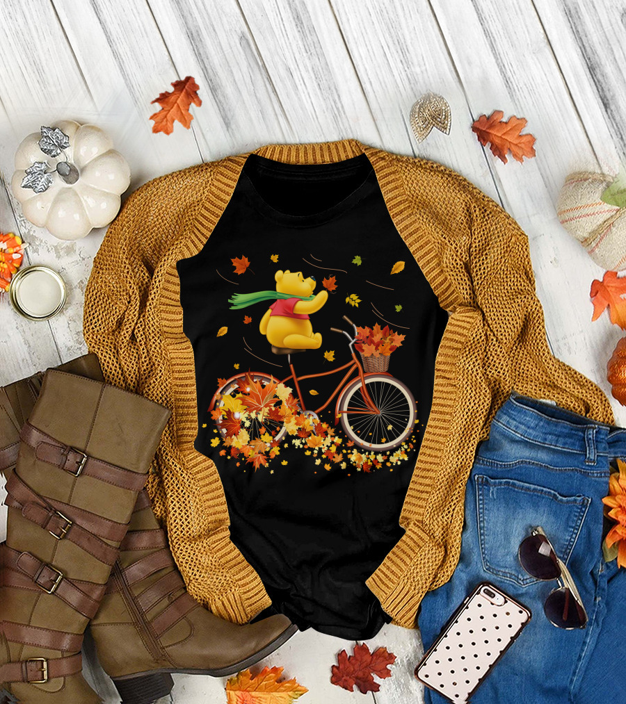Winnie The Pooh Autumn Leaves Bicycle Ride T-Shirt