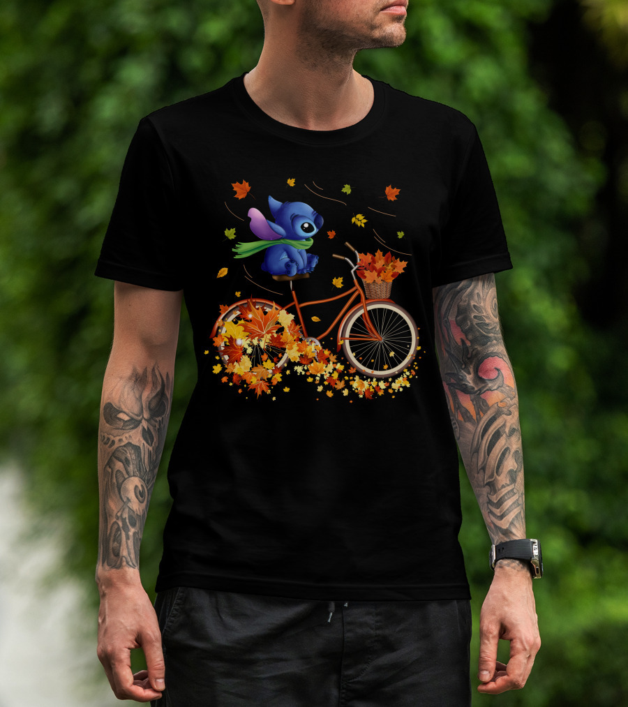 Stitch Autumn Bicycle Ride With Falling Leaves T-Shirt