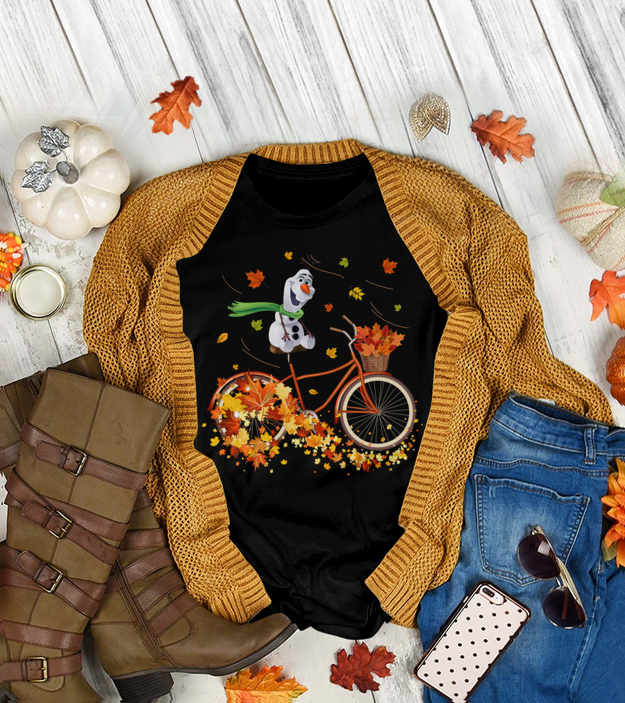Olaf Riding A Bicycle With Autumn Leaves T-Shirt