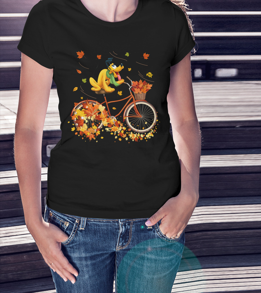 Pluto Autumn Bicycle Adventure With Falling Leaves T-Shirt