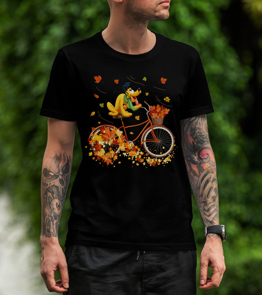Pluto Autumn Bicycle Adventure With Falling Leaves T-Shirt
