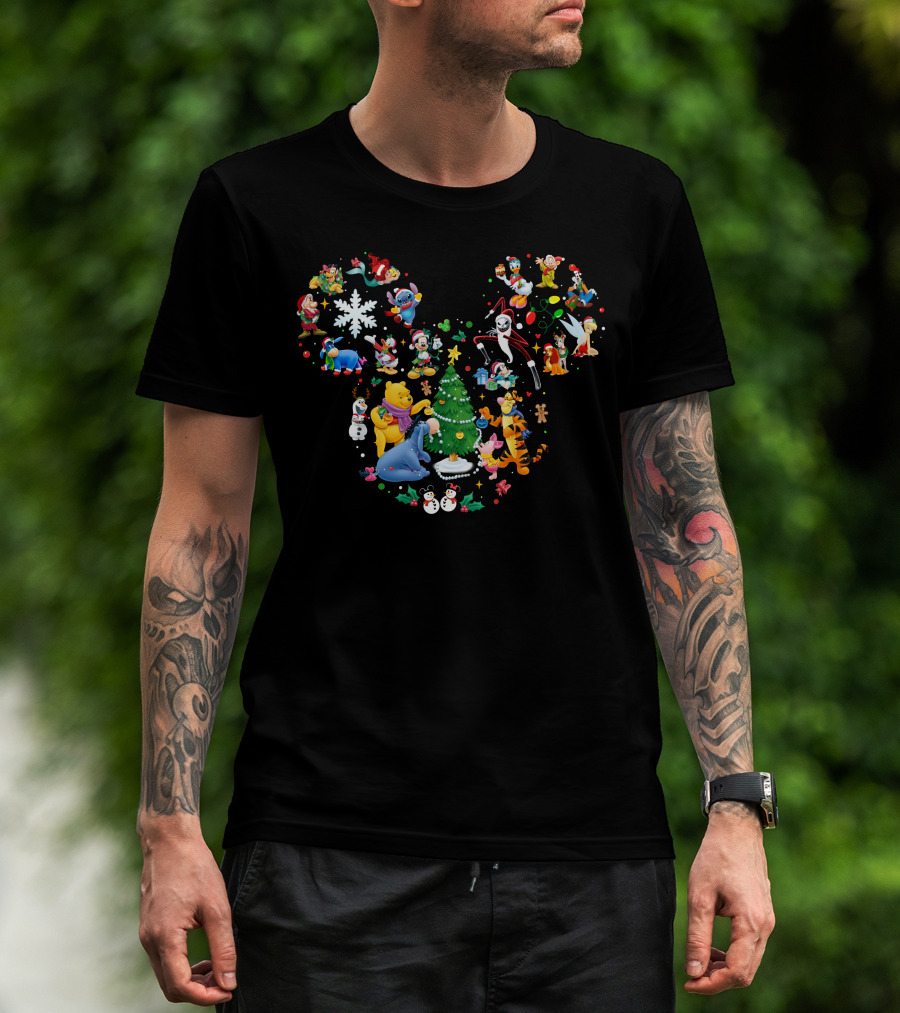 Disney Christmas Mickey Mouse Winnie The Pooh Tigger Stitch Olaf Jack Skellington Tinker Bell Ensemble T-Shirt